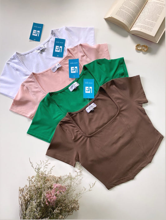 Corset Seam Square Neck Half Sleeve Fitted Crop Top