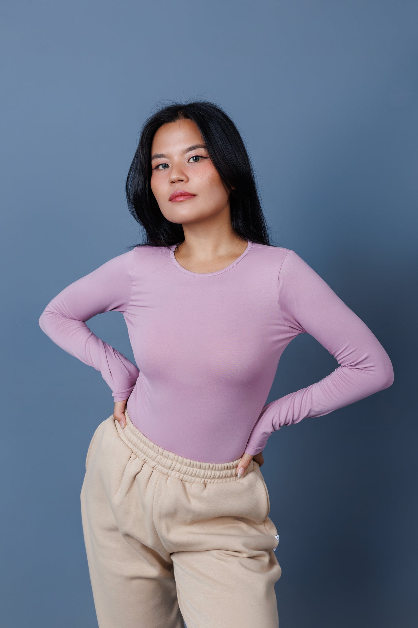 Crewneck full sleeve bodysuit, bodysuit, #bodysuit, ladies bodycon top, one-piece top, swimwear, smartwear, innerwear, laconic bodysuit, pink, lavender, purple, nepalibrand, model, nepal, topshop, fashion, one-piece, basic top, basics, plain, fittedtop,