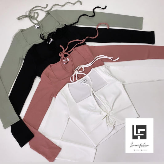 Front Tie Halter Double Layered Full-sleeve Top.