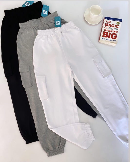 Basic Plain Loose Fit HIgh Waisted Cargo Pocket Joggers