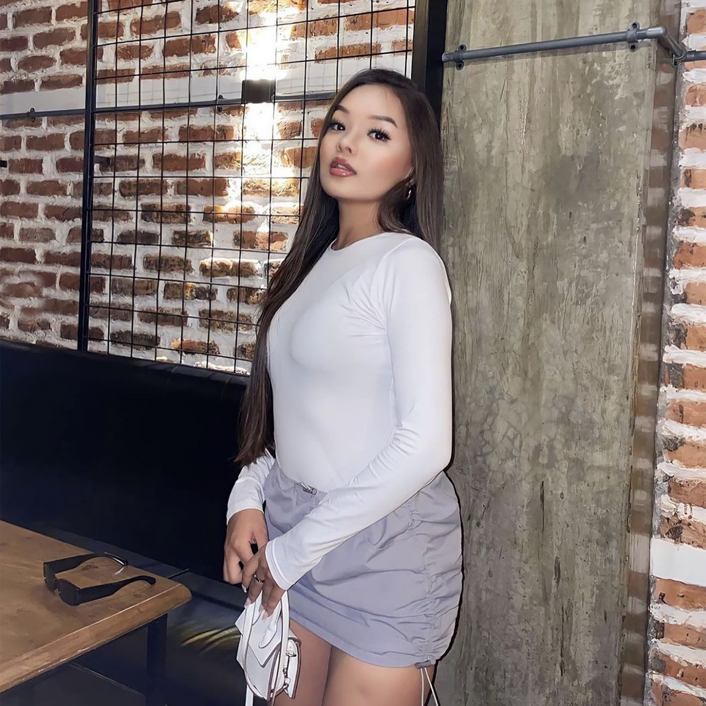 Crewneck full sleeve bodysuit, bodysuit, #bodysuit, ladies bodycon top, one-piece top, swimwear, smartwear, innerwear, laconic bodysuit, white, model, nepal, online shopping, casual, basic, plain white, tee,