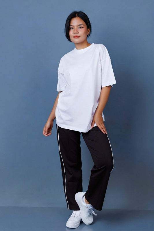 Double Piping Pin Tuck Detail High Waist Straight Leg Trousers