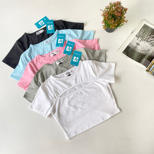 Crew Neck Front Cut - Out Half Sleeve Fitted Crop Top