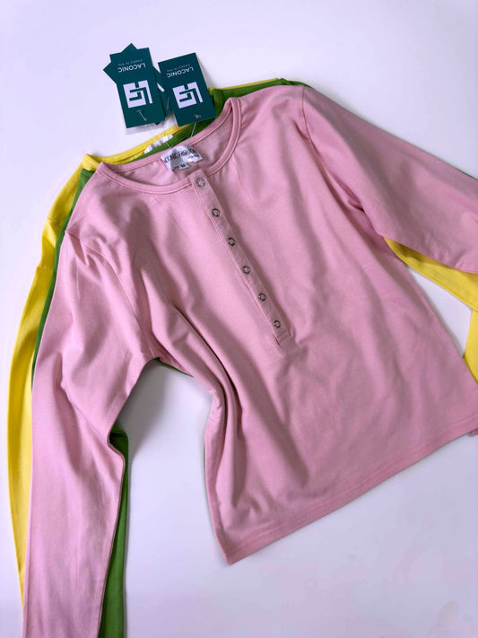 Crewneck Popper Button Detail Fitted Full Sleeve Top