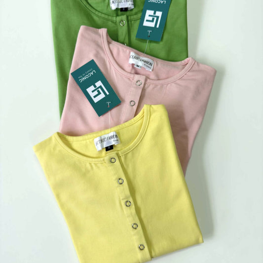 snap button top, crewneck snap button tops, ladies snap button tops, cotton snap button detail tops