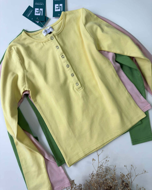 Crewneck Popper Button Detail Fitted Full Sleeve Top