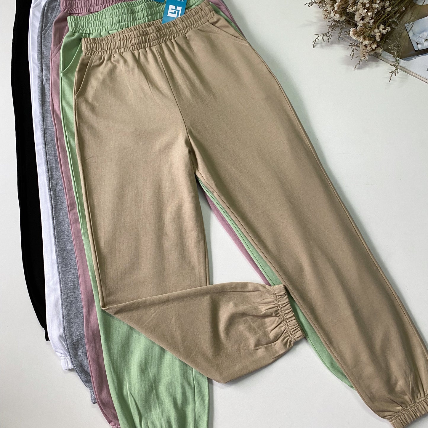 summer joggers, cotton terry summer joggers, plain cuffed summer joggers